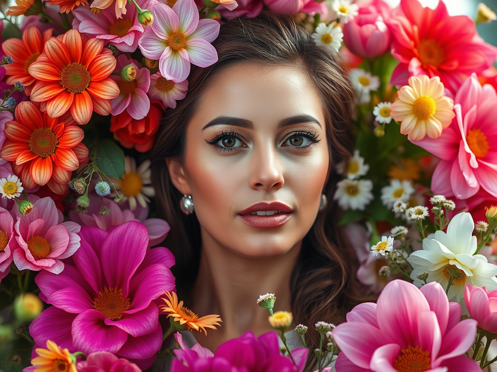 A young woman with a natural makeup look poses amidst a vibrant arrangement of various flowers, including pink, orange, and white blooms, creating a colourful and lively background.